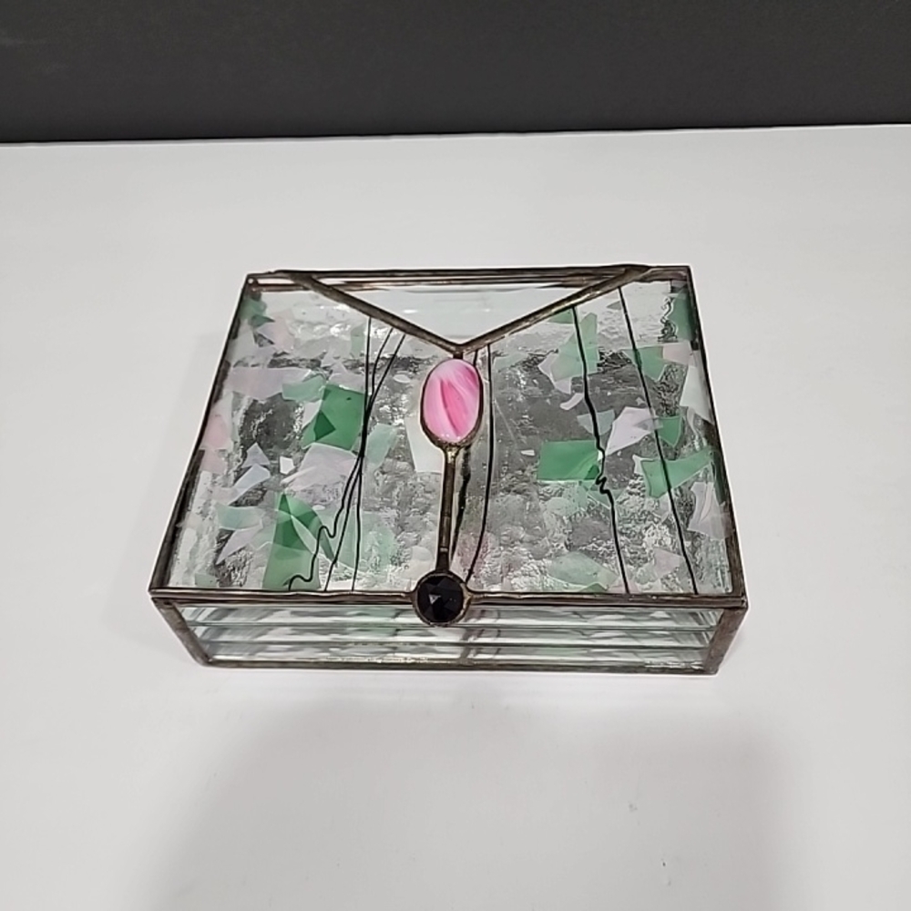 Vintage Stained Glass with Stone Trinket Box w Mirror Signed